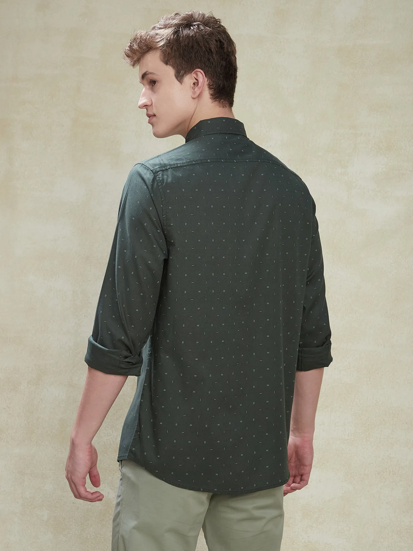 100% Cotton Dark Green Slim Fit Full Sleeve Casual Mens Printed Shirt