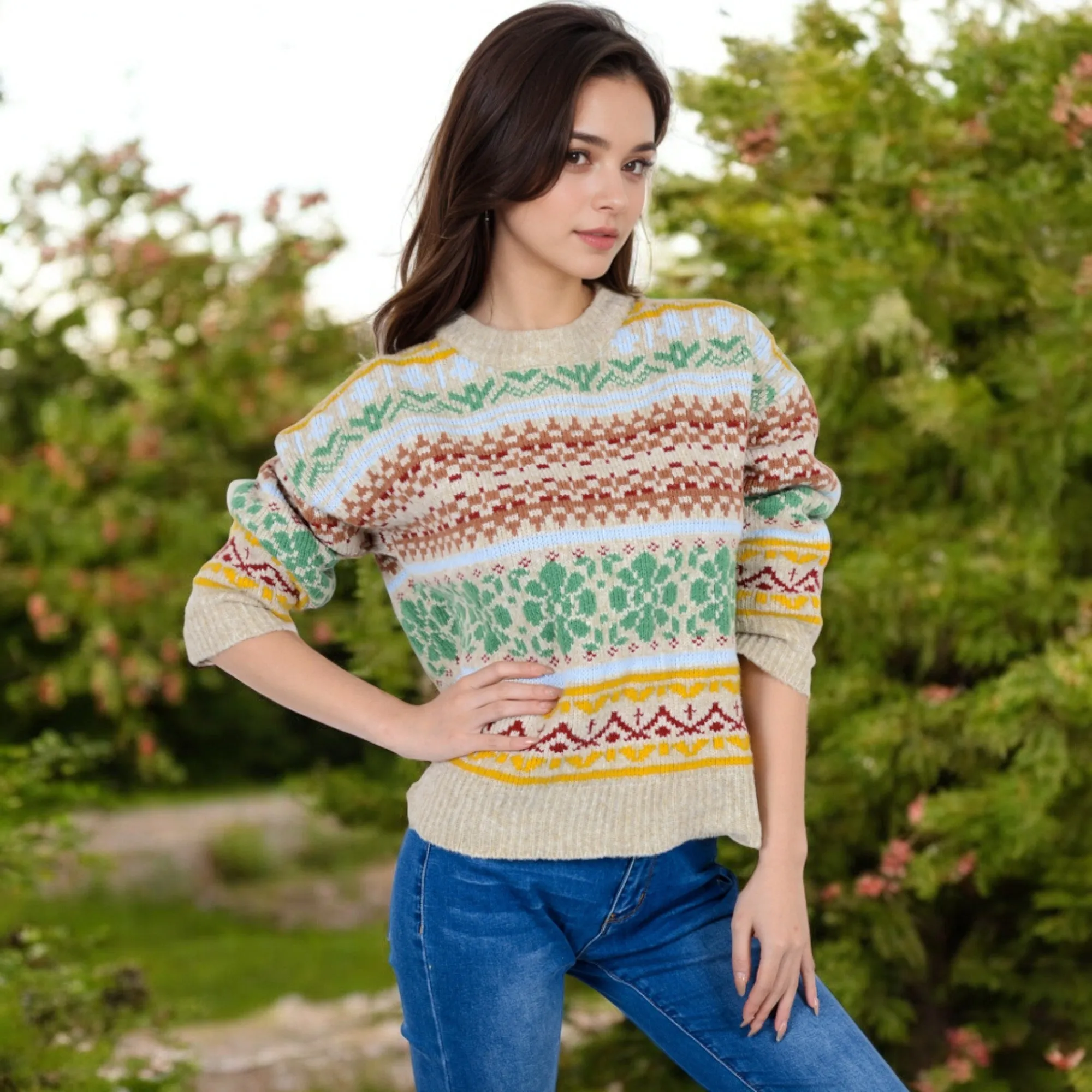 Anna-Kaci Women's Multi-Color Fair Isle Knit Sweater with Crew Neck and Long Sleeves