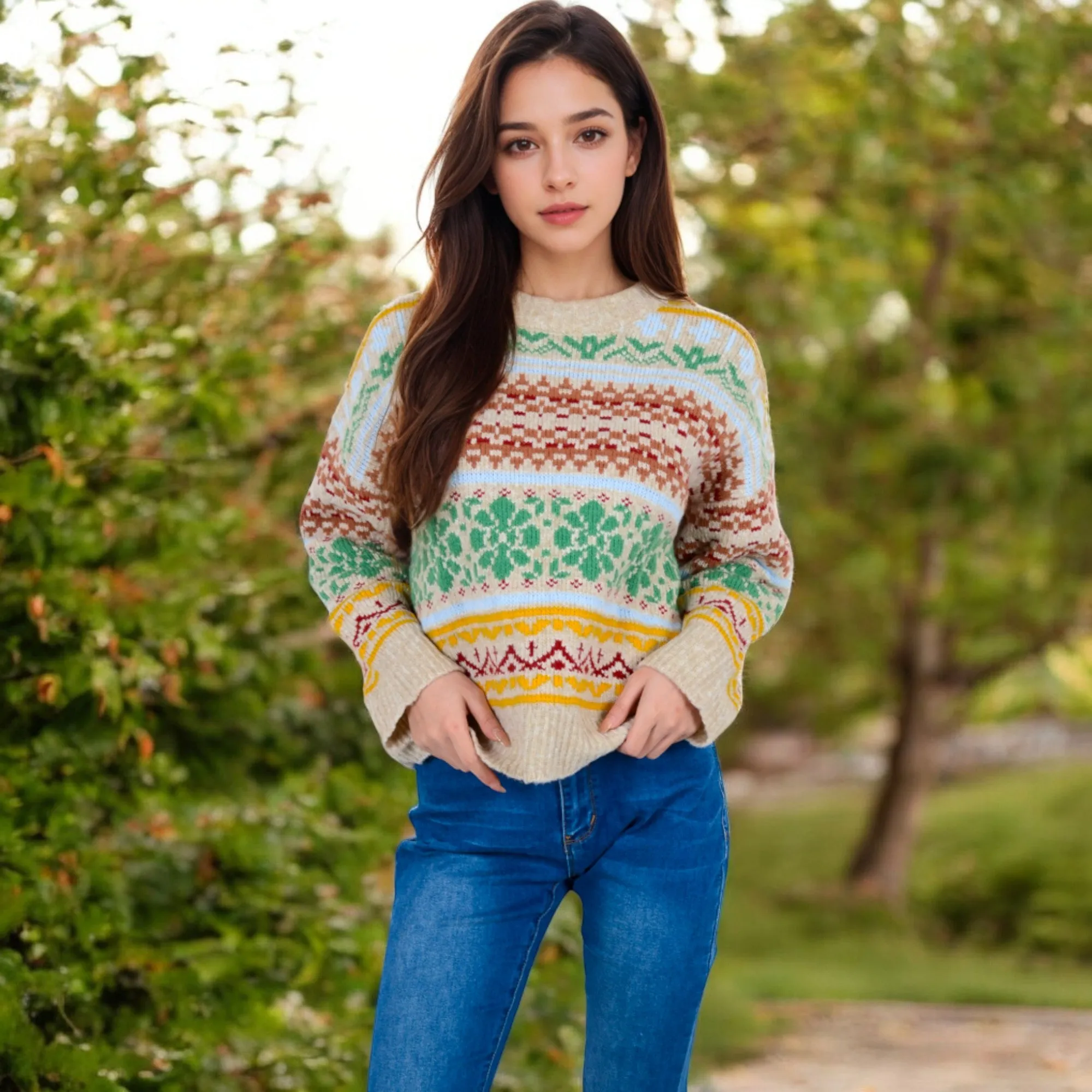 Anna-Kaci Women's Multi-Color Fair Isle Knit Sweater with Crew Neck and Long Sleeves