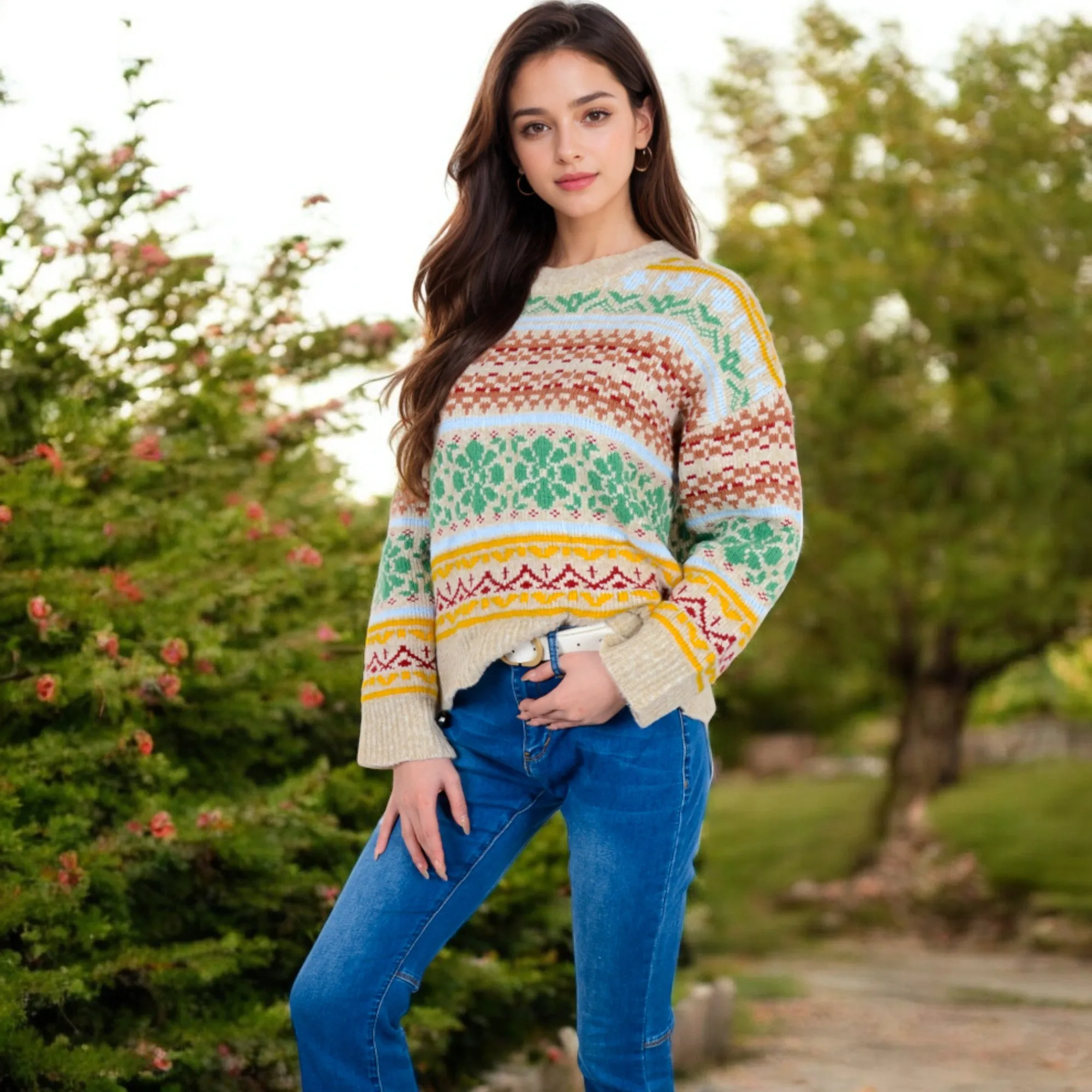 Anna-Kaci Women's Multi-Color Fair Isle Knit Sweater with Crew Neck and Long Sleeves