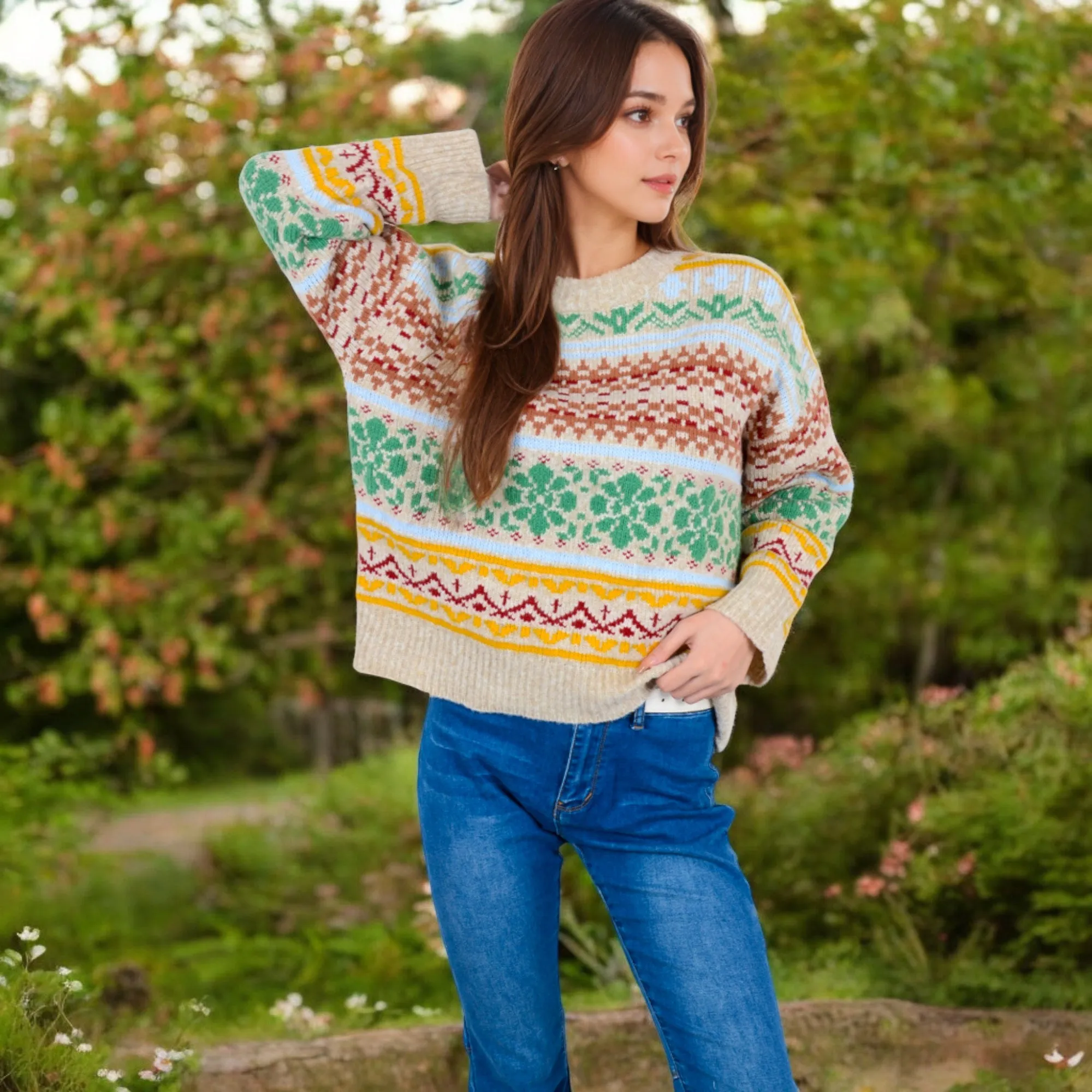 Anna-Kaci Women's Multi-Color Fair Isle Knit Sweater with Crew Neck and Long Sleeves