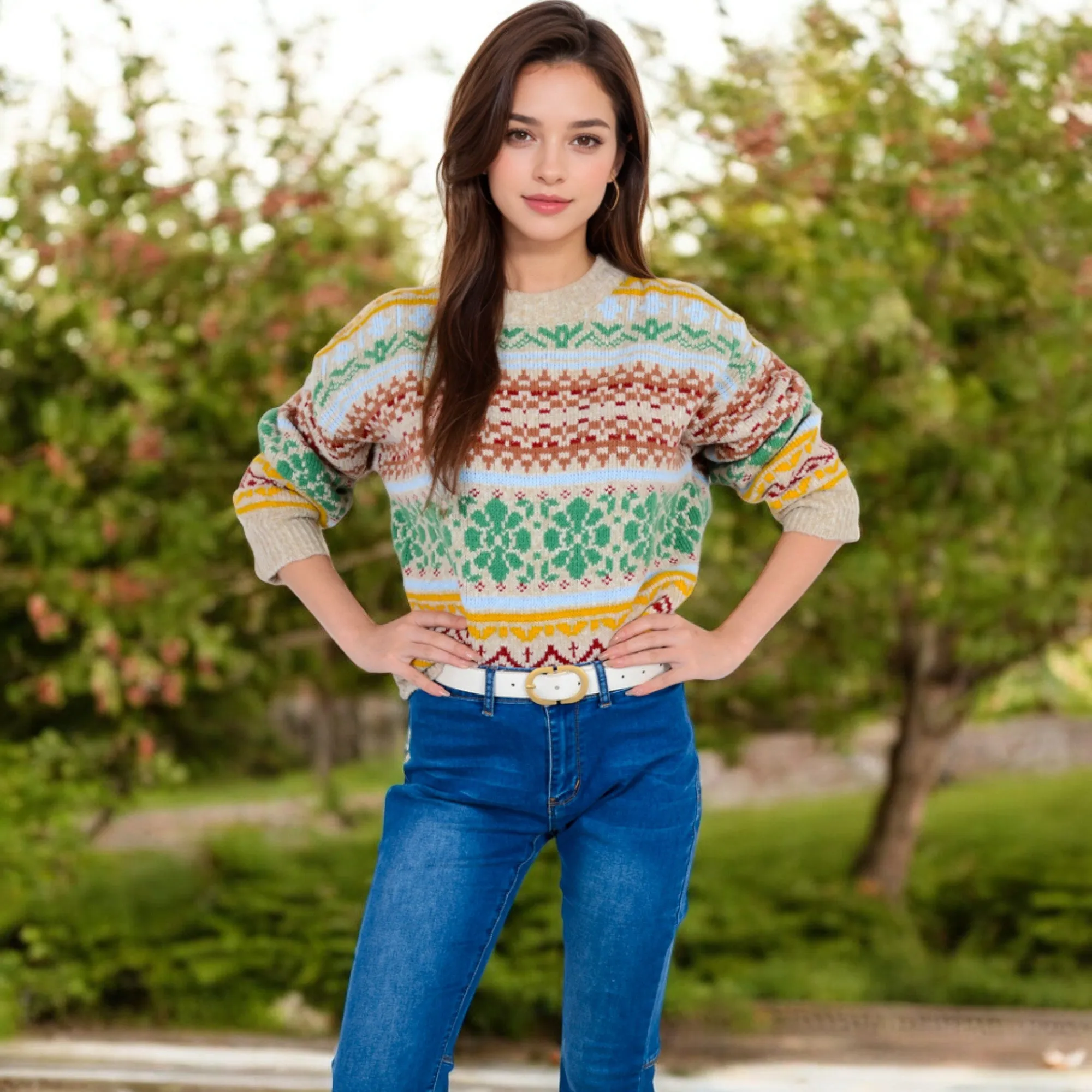 Anna-Kaci Women's Multi-Color Fair Isle Knit Sweater with Crew Neck and Long Sleeves