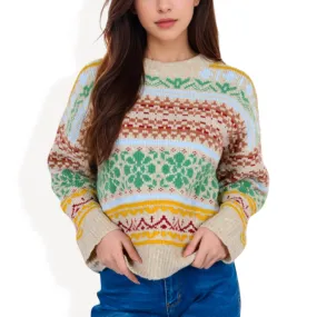 Anna-Kaci Women's Multi-Color Fair Isle Knit Sweater with Crew Neck and Long Sleeves