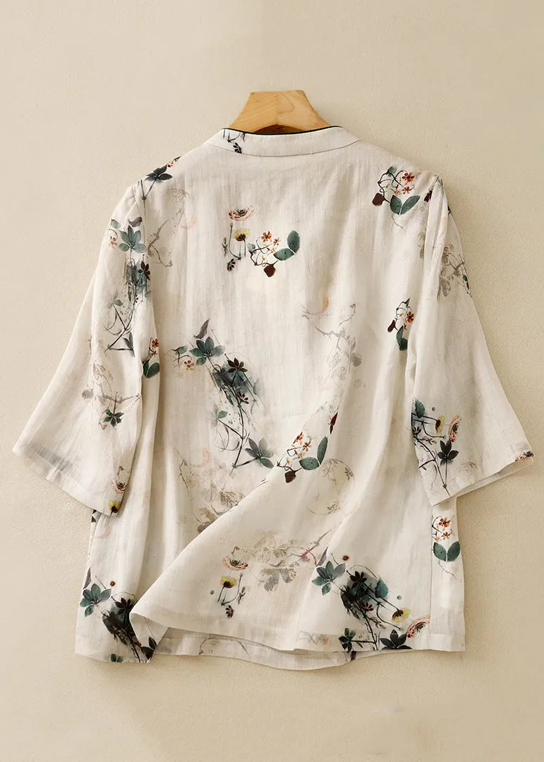 Bohemian Beige Stand Collar Print Linen Tops Summer AM1037