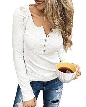 BTFBM Women Long Sleeve V Neck Button Up Solid Tops Blouses Trendy Slim Fit Lace Sleeves Ribbed Knit Casual Shirts Tunic (Hollow Out White, Small)