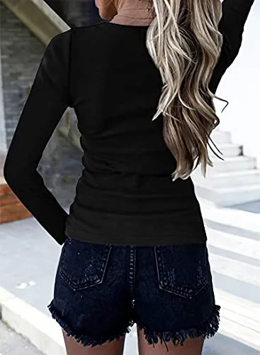 BTFBM Women Long Sleeve V Neck Button Up Solid Tops Blouses Trendy Slim Fit Lace Sleeves Ribbed Knit Casual Shirts Tunic (Solid Black, Medium)