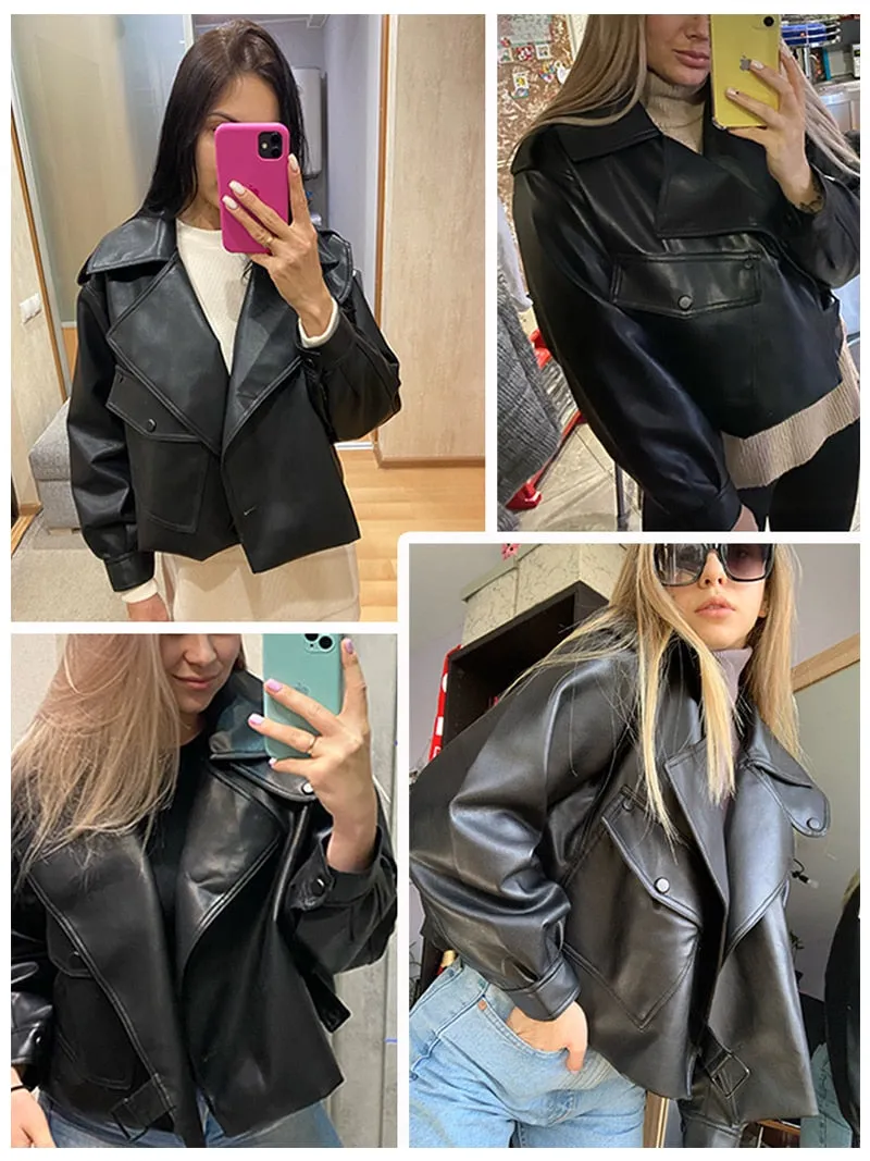 Elegant Flared-Sleeve Leather Jacket for Stylish Women