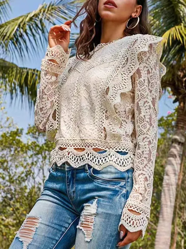 Feminine Delight Women's Long Sleeves Lace Blouse - Elegantly Charming