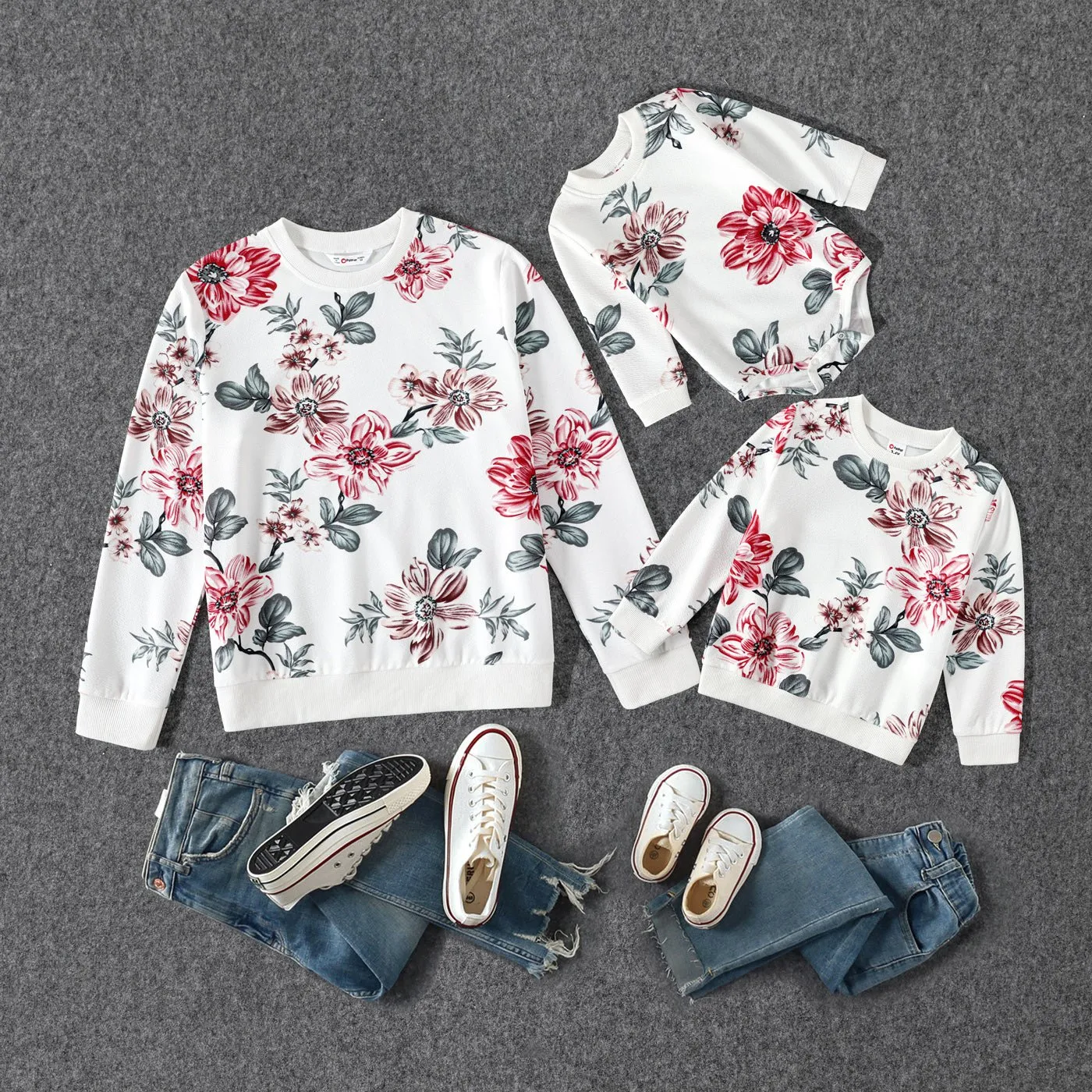 Floral Print Crewneck Drop Shoulder Lace  Long-sleeve Tops for Mom and Me