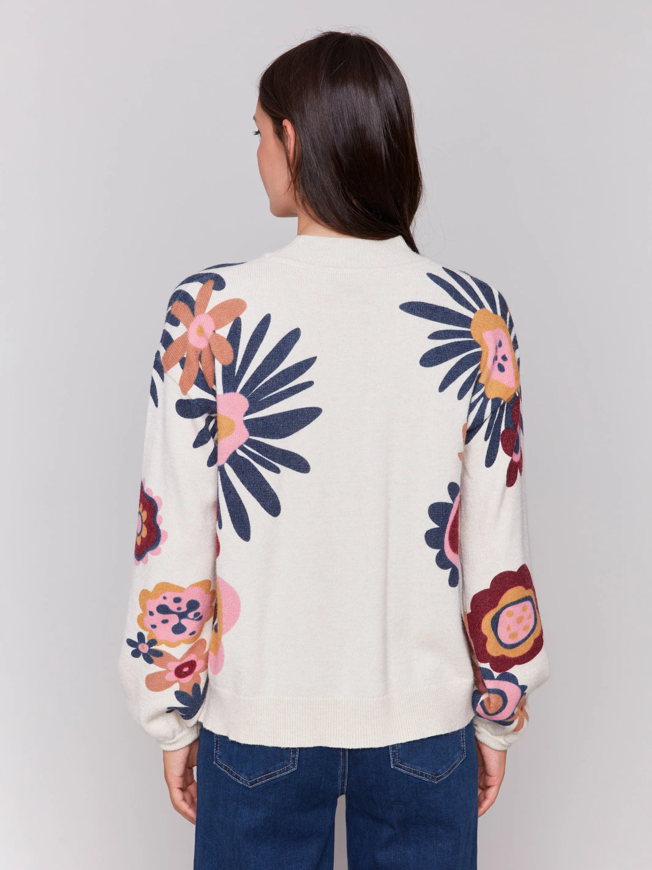 Floral Print Mock Neck Sweater - Beige