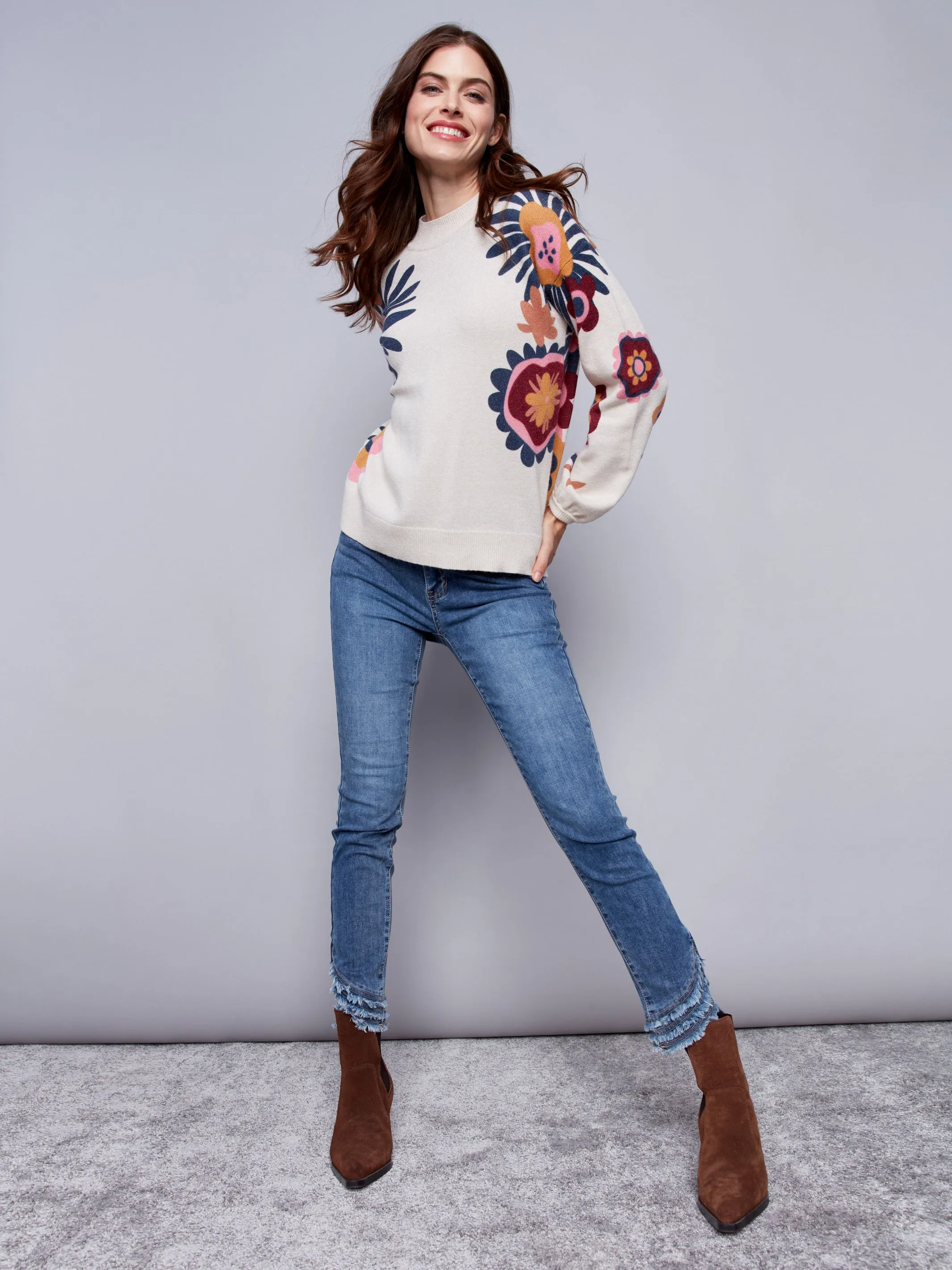 Floral Print Mock Neck Sweater - Beige