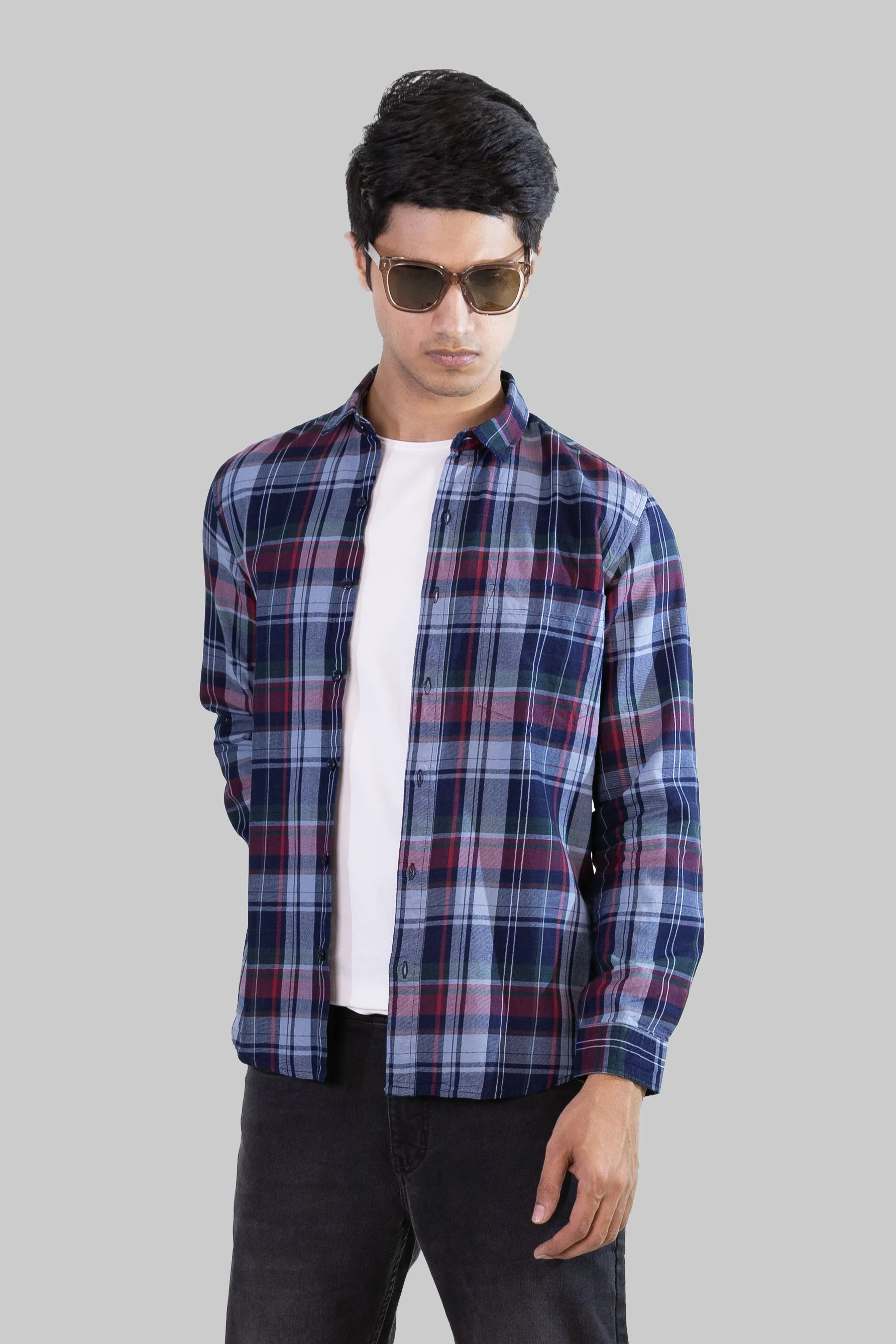 Gridline Checkered Shirt - Navy x Maroon