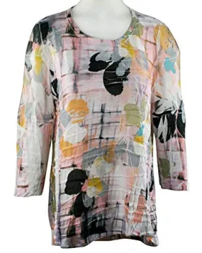 Impulse California - Abstract Floral, Scoop Neck Top w/Ruffles & High Low Hem