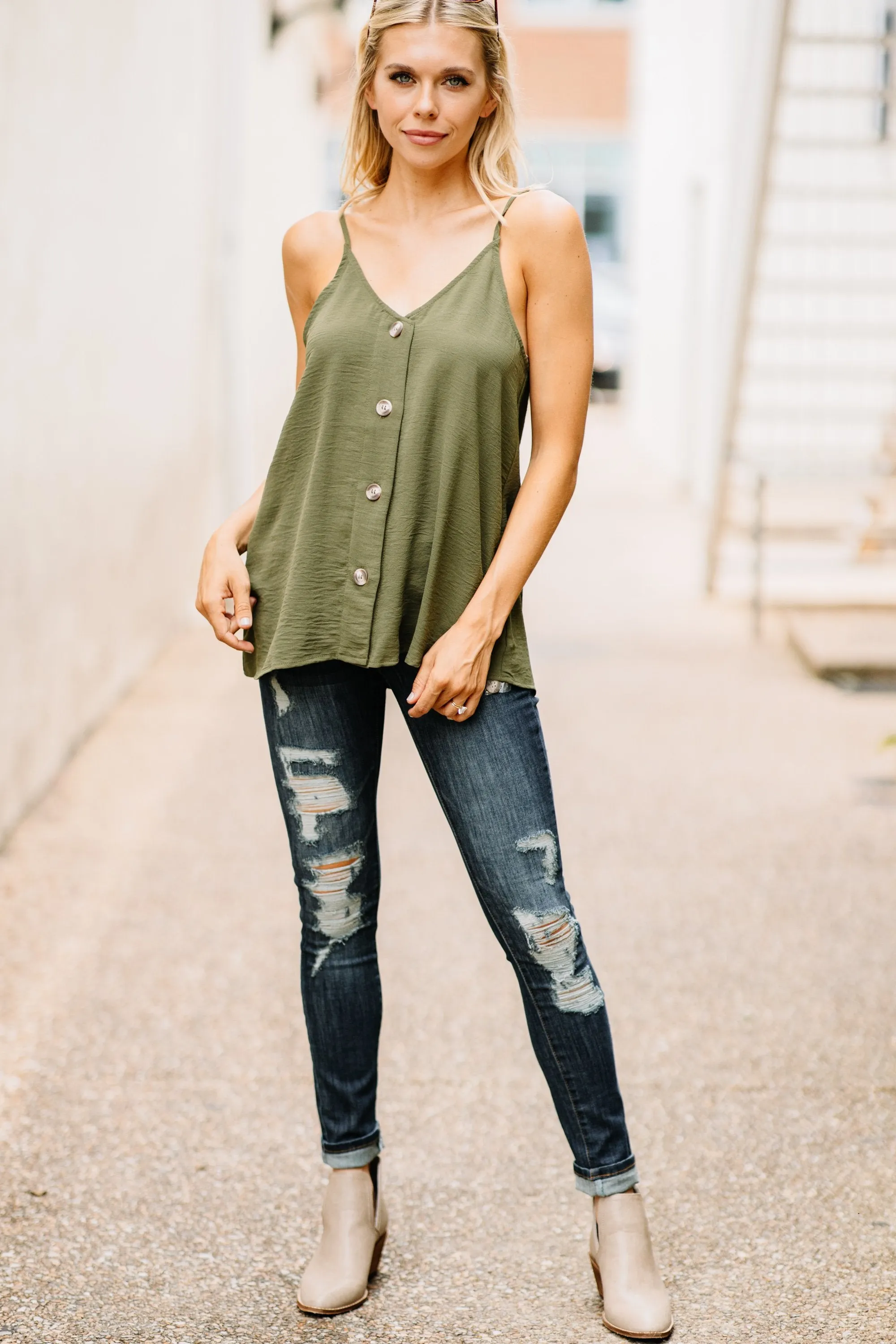 Just Take A Look Olive Green Button Tank