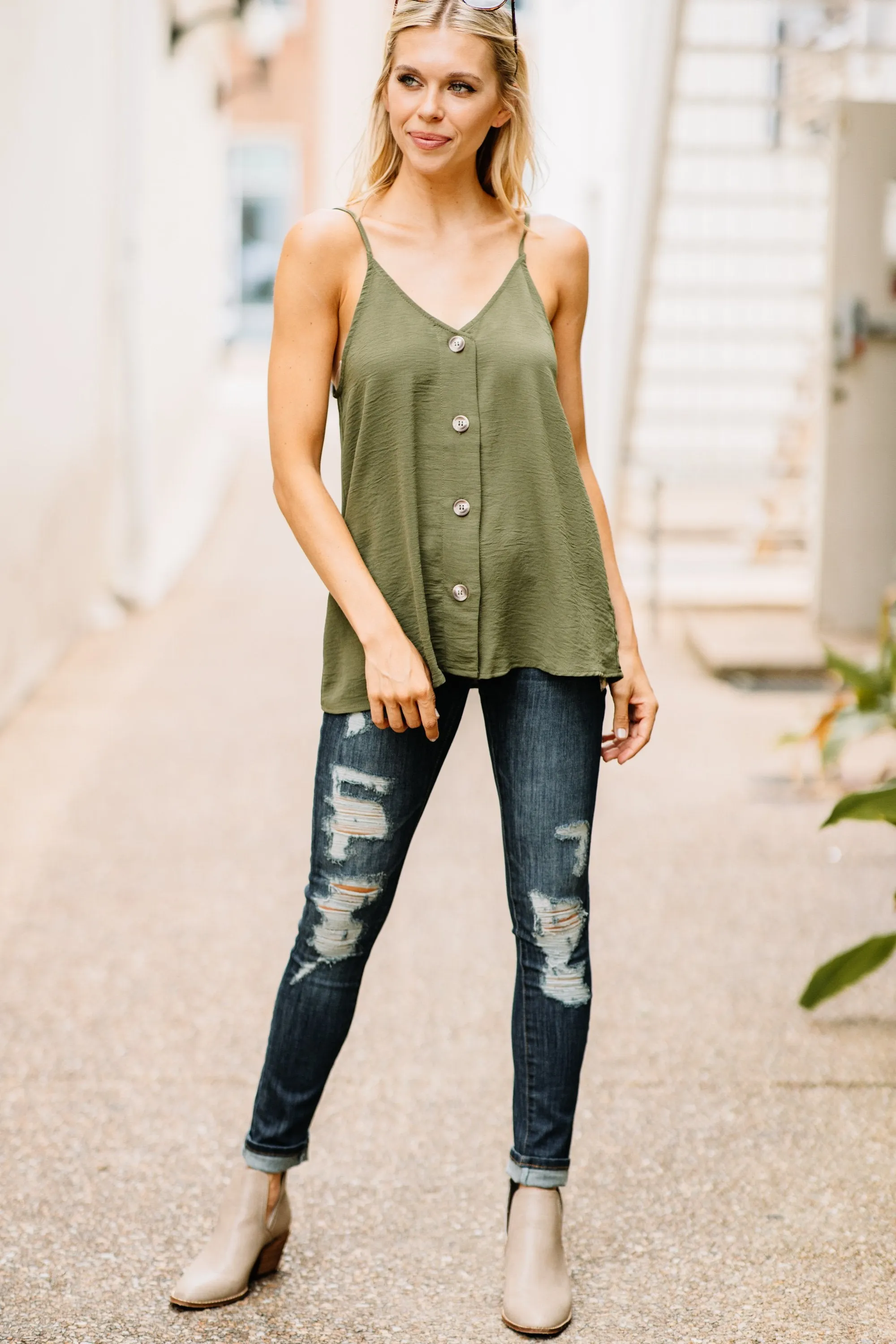 Just Take A Look Olive Green Button Tank