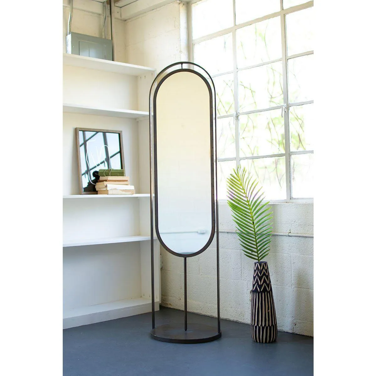 Kalalou - TALL OVAL FLOOR MIRROR WITH RACK AND BASKET ON BACK - CLA1282