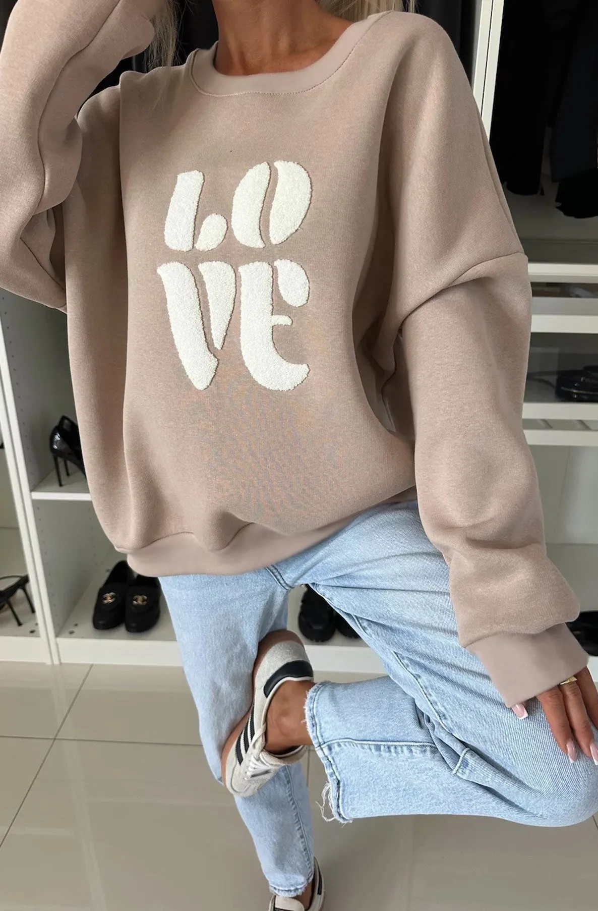 'LOVE' Graphic Printed Sweatshirt Top-Mocha