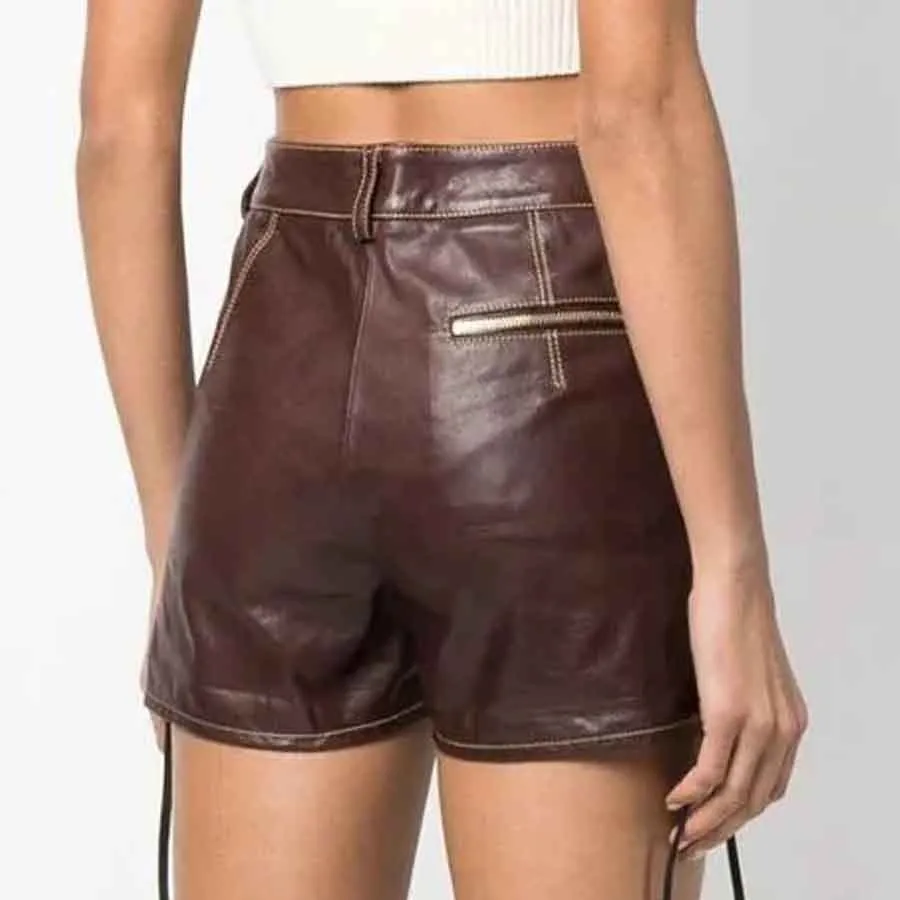 Maya Women's Genuine Leather High Waisted Shorts Brown