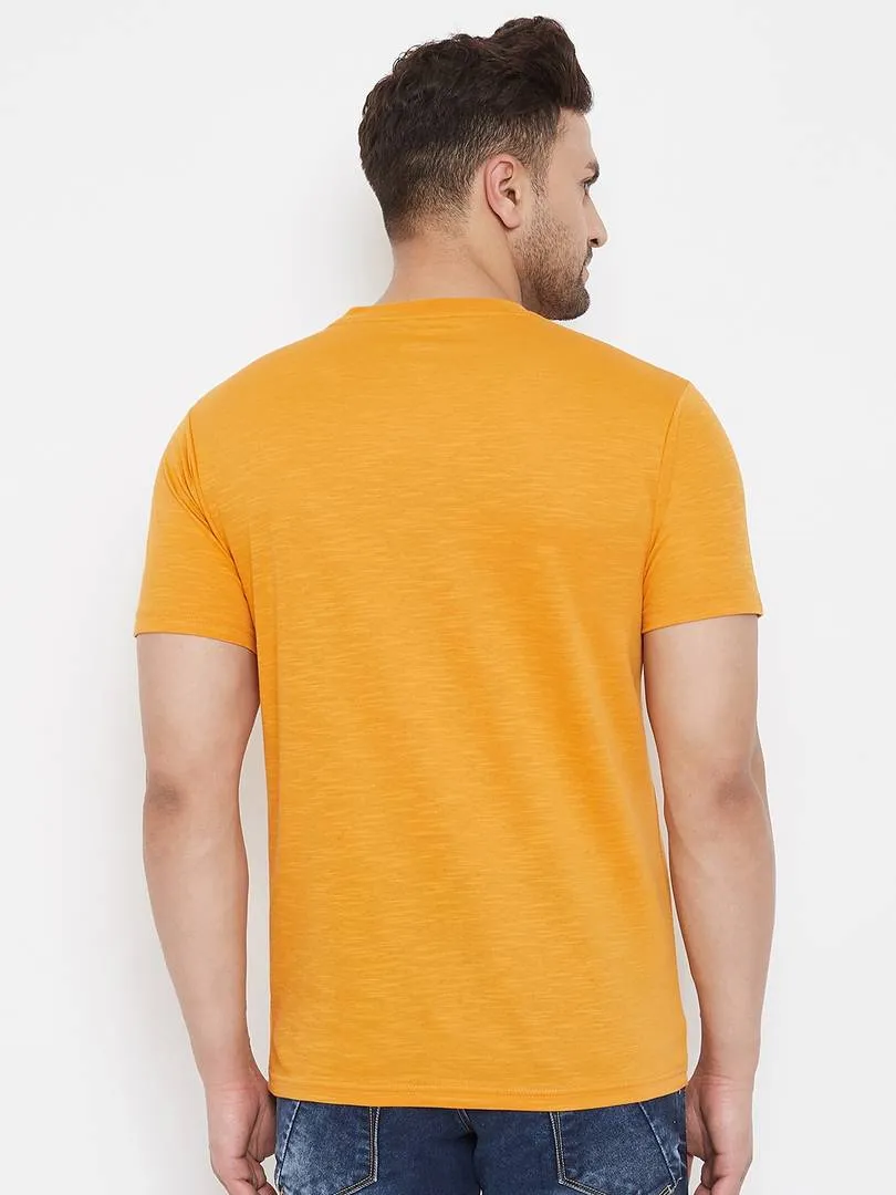 Men's Mustard Printed Cotton Round Neck Tees