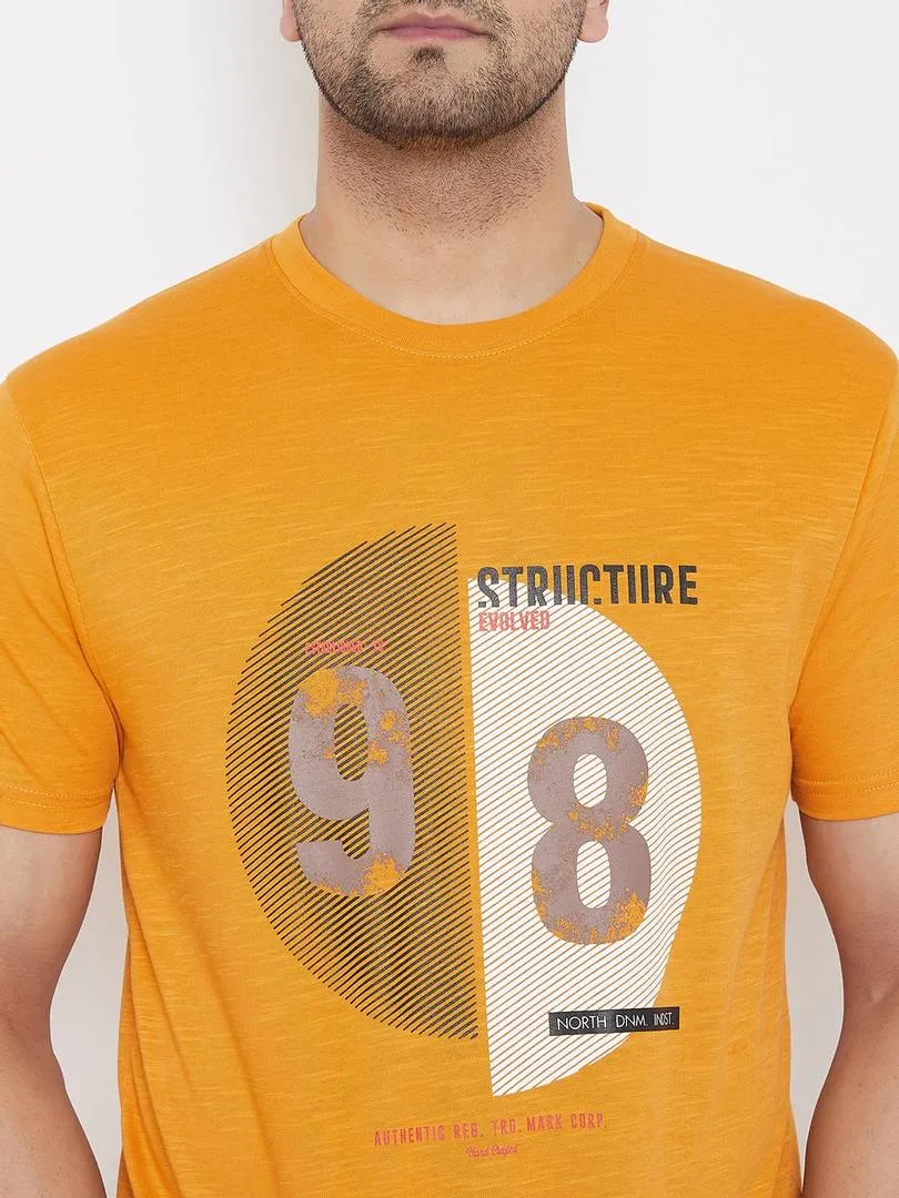 Men's Mustard Printed Cotton Round Neck Tees