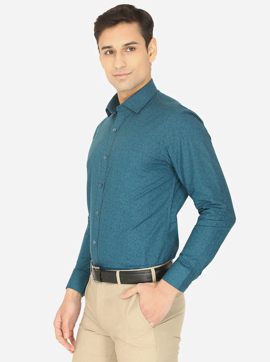 Peacock Blue Printed Slim Fit Formal Shirt | Greenfibre