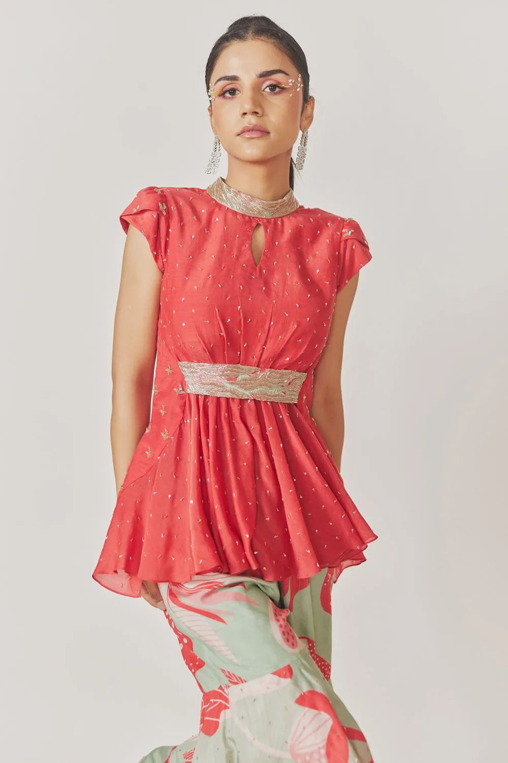 Peplum With Gathered Sleeves And Double Layered Sharara