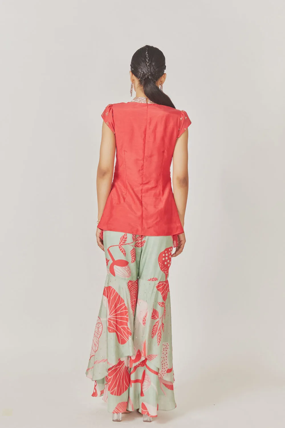 Peplum With Gathered Sleeves And Double Layered Sharara