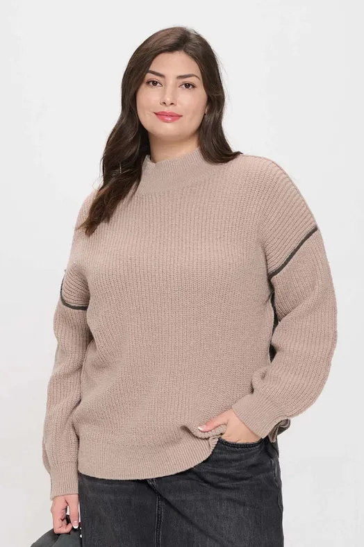 Plus Colorblock Mock Neck Exposed Seam Sweater MOCHA