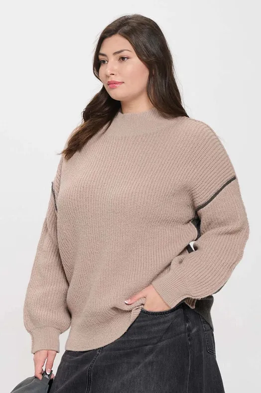 Plus Colorblock Mock Neck Exposed Seam Sweater MOCHA