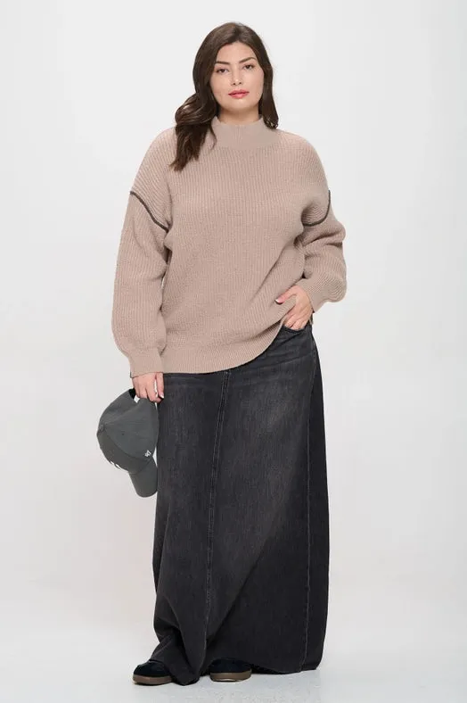 Plus Colorblock Mock Neck Exposed Seam Sweater MOCHA