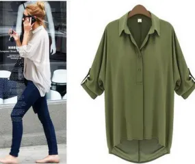 Quality Europe Lapel Bat Long Sleeved Loose Blouse Chiffon All-Matching Tops Blouse