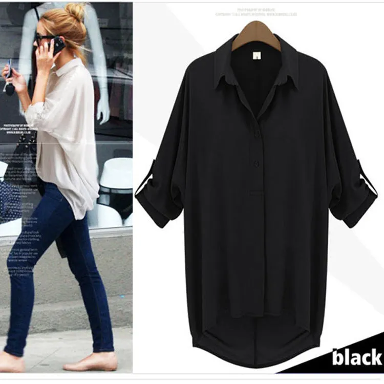 Quality Europe Lapel Bat Long Sleeved Loose Blouse Chiffon All-Matching Tops Blouse