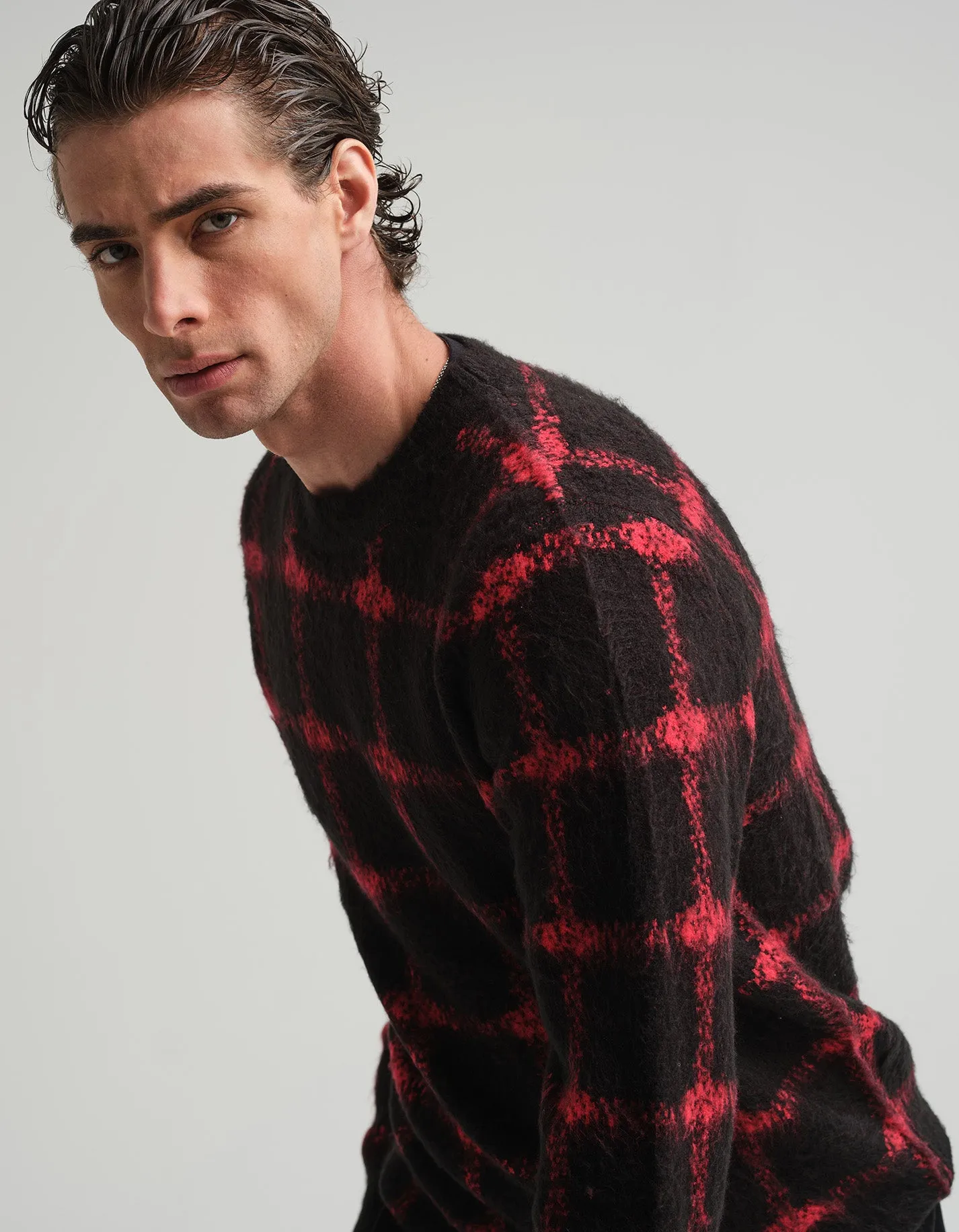 Red & Black Gradient Check Mohair Jumper GOLD