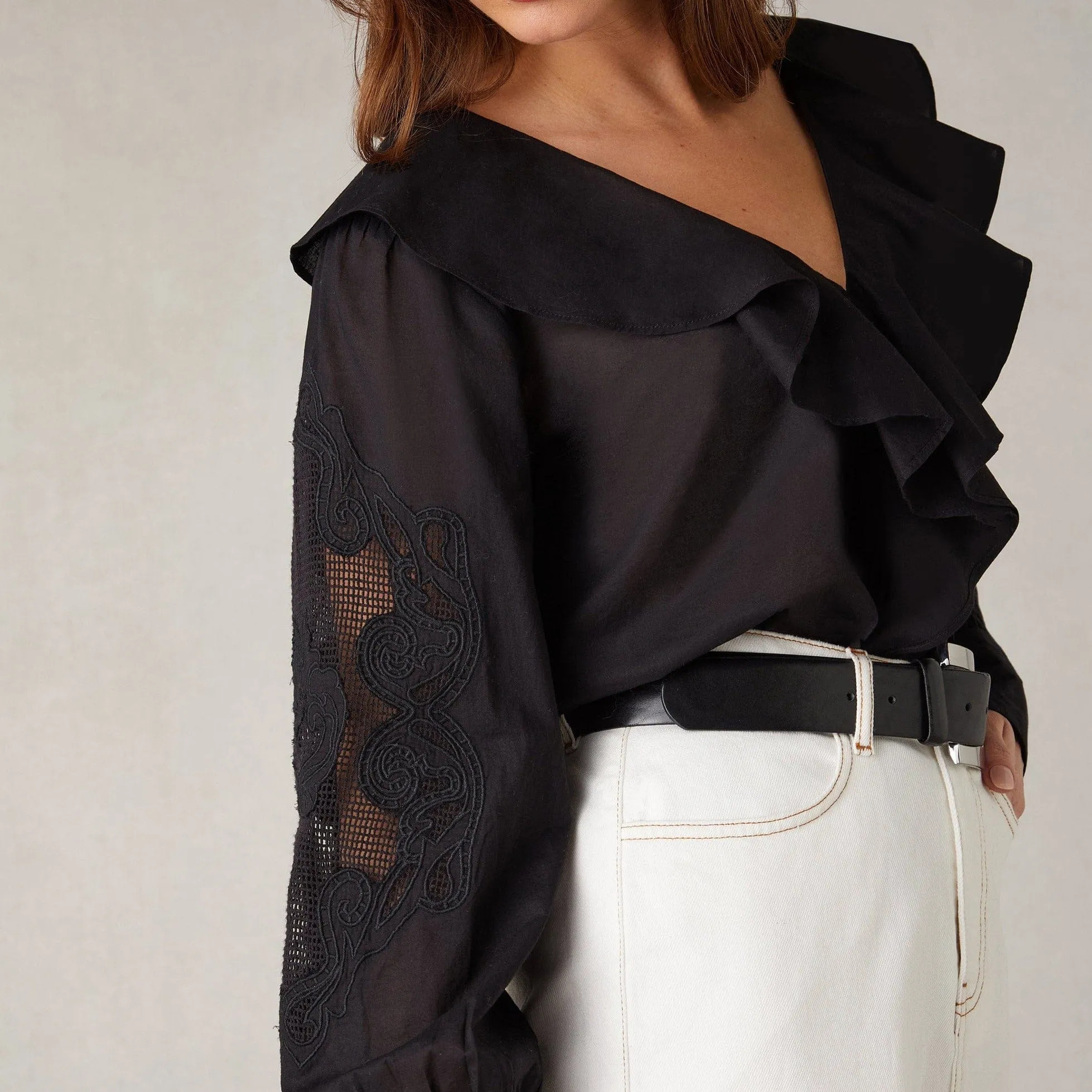 Ro&Zo Black Embroidery Mesh Sleeve Blouse