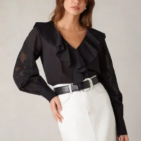 Ro&Zo Black Embroidery Mesh Sleeve Blouse