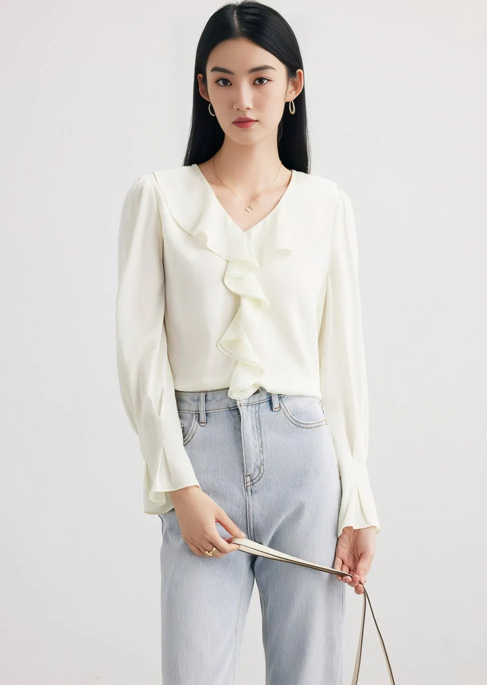 RUFFLE NECK SILK SHIRT