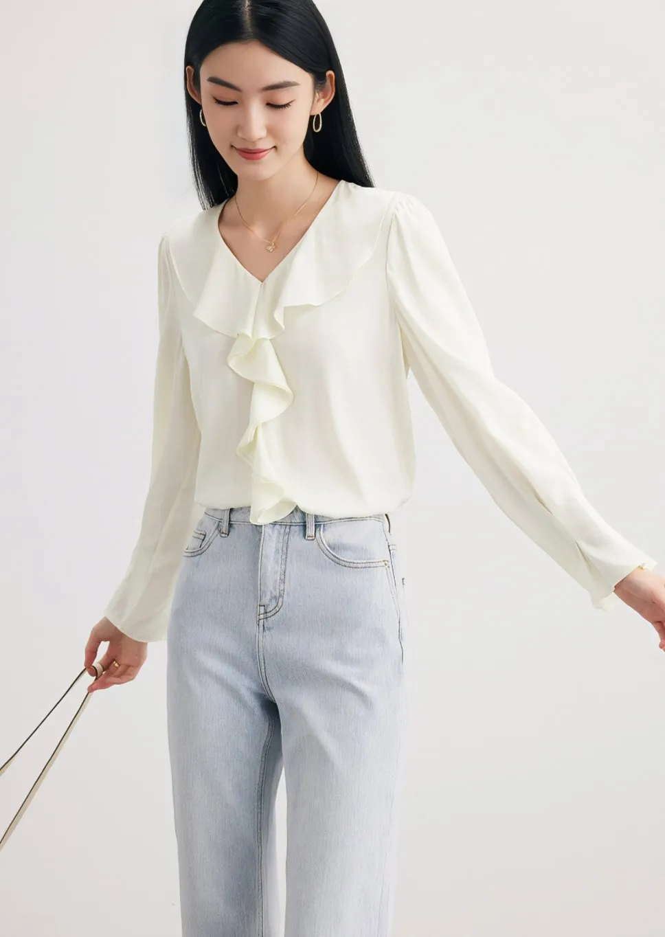 RUFFLE NECK SILK SHIRT