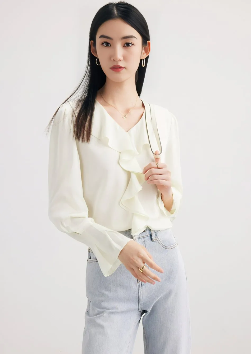 RUFFLE NECK SILK SHIRT