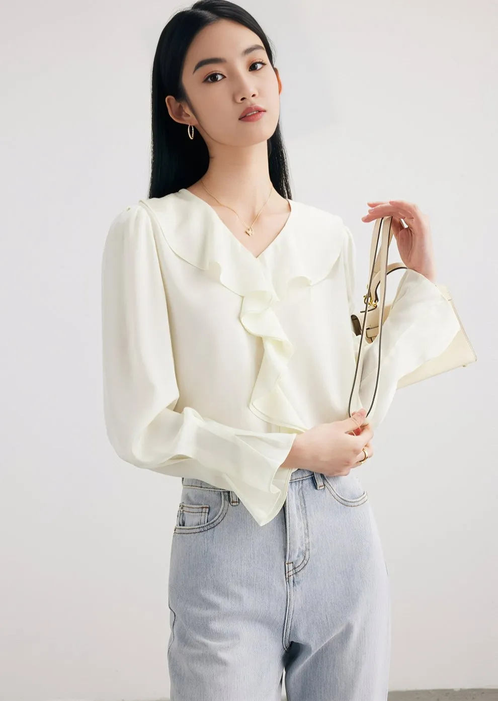 RUFFLE NECK SILK SHIRT