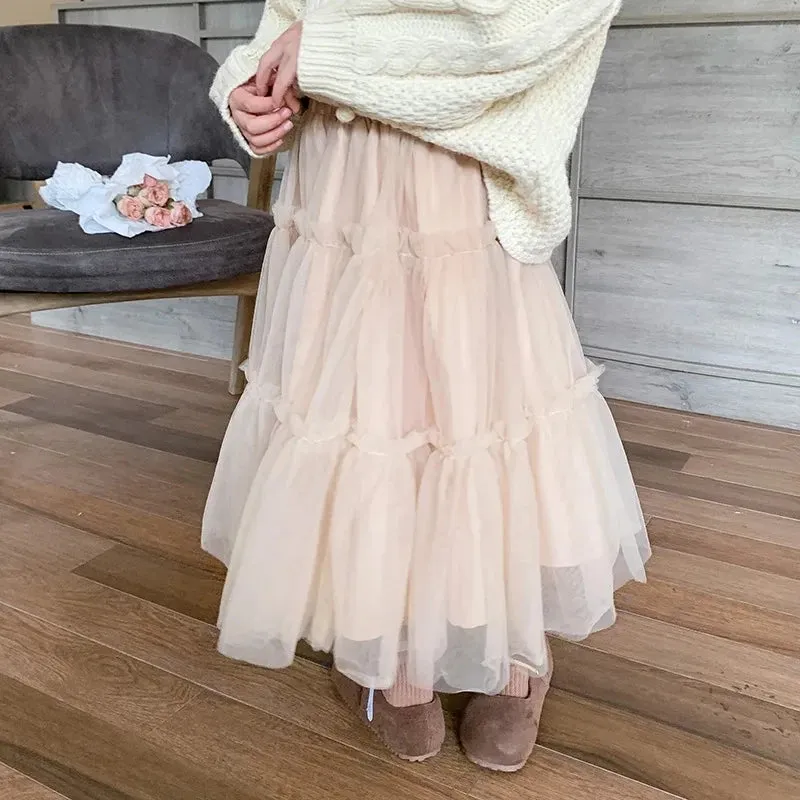 Spring Girls' Skirts Children's Trendy Versatile Large Skirt Hem Gauze Skirts Medium And Small Girls Fluffy Mesh Half Skirt