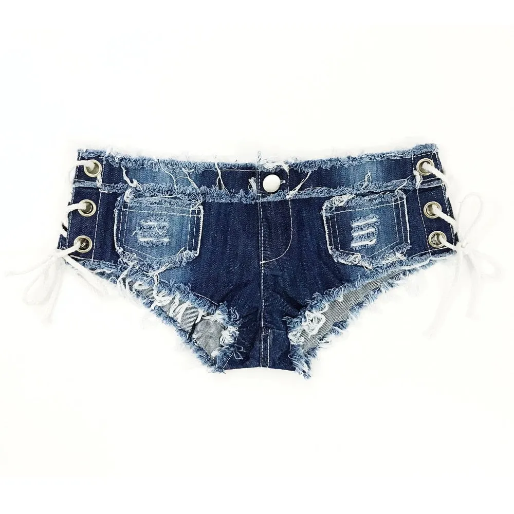 Stylish Casual Hotties' Low-Waist Denim Mini Shorts With Knotted Band