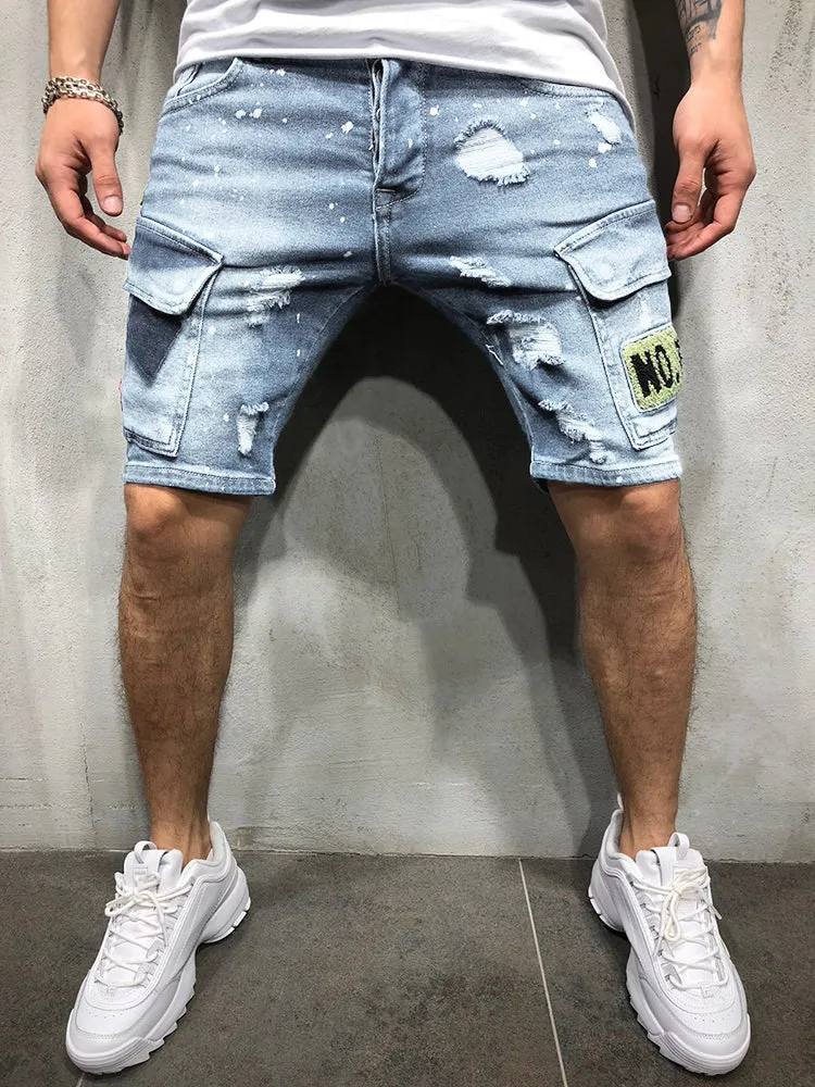 Stylish Flap Pocket Torn Denim Shorts