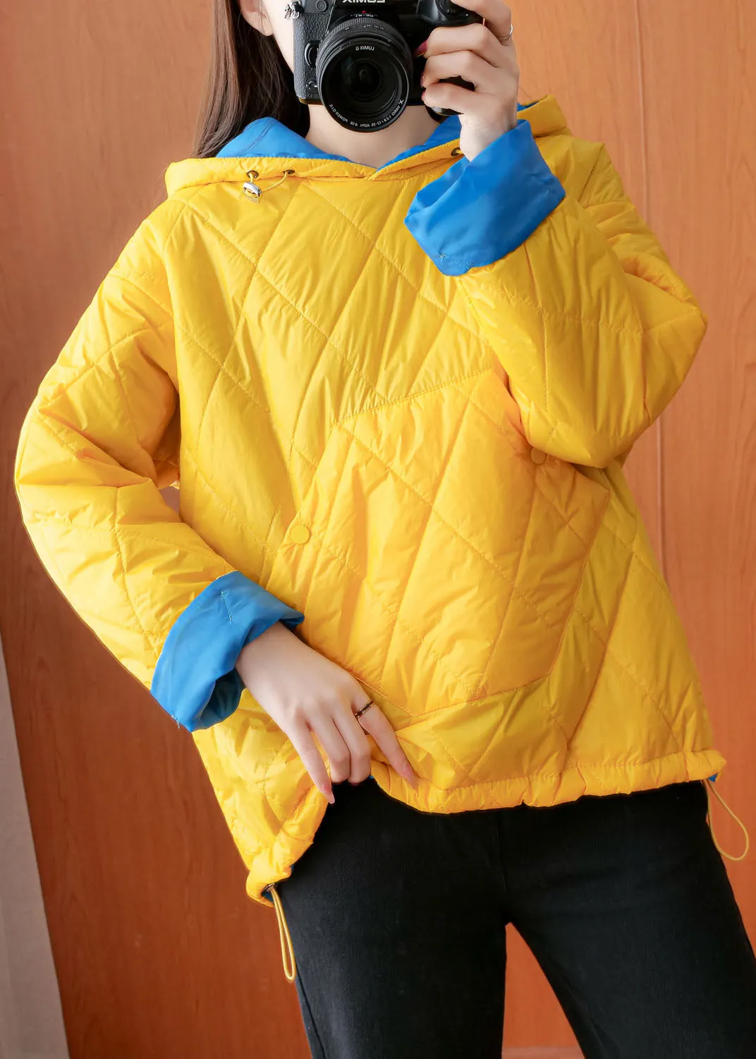 Stylish Yellow Hooded Pockets Fine Cotton Filled Pullover Winter Coat