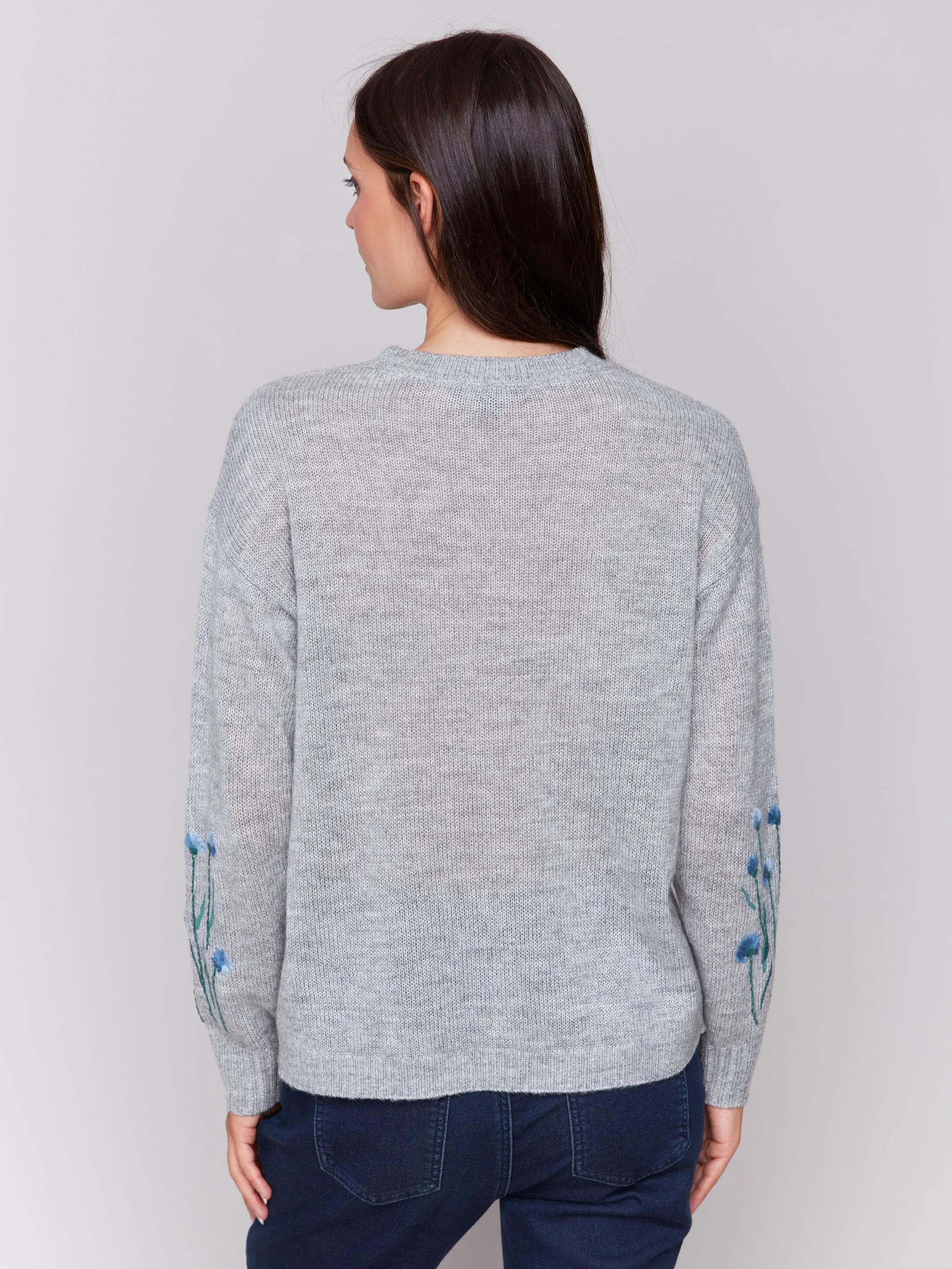 Sweater with Embroidered Flowers - Grey