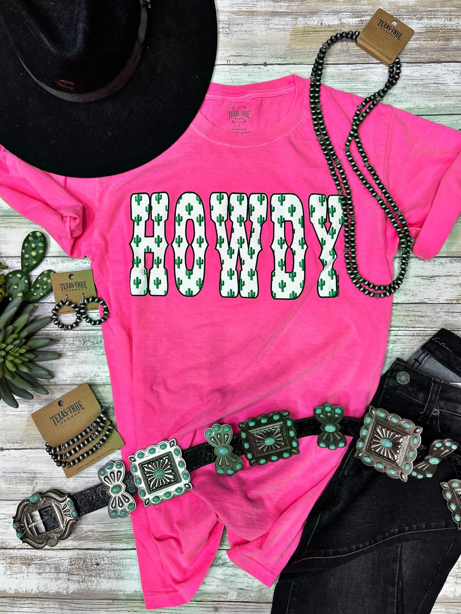 Texas True Threads Pink Howdy Cactus Tee