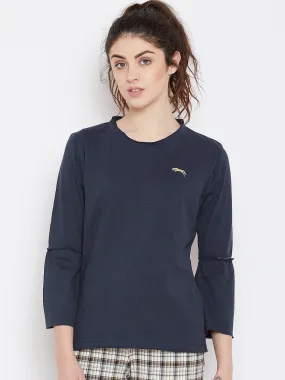 Women Navy Blue Solid Casual Tops