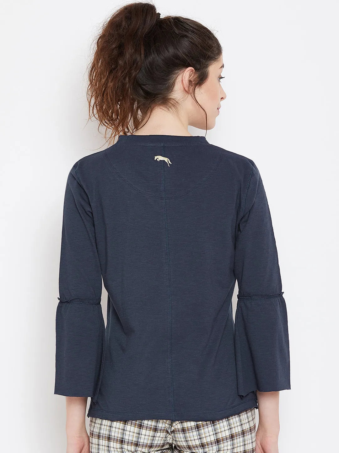 Women Navy Blue Solid Casual Tops