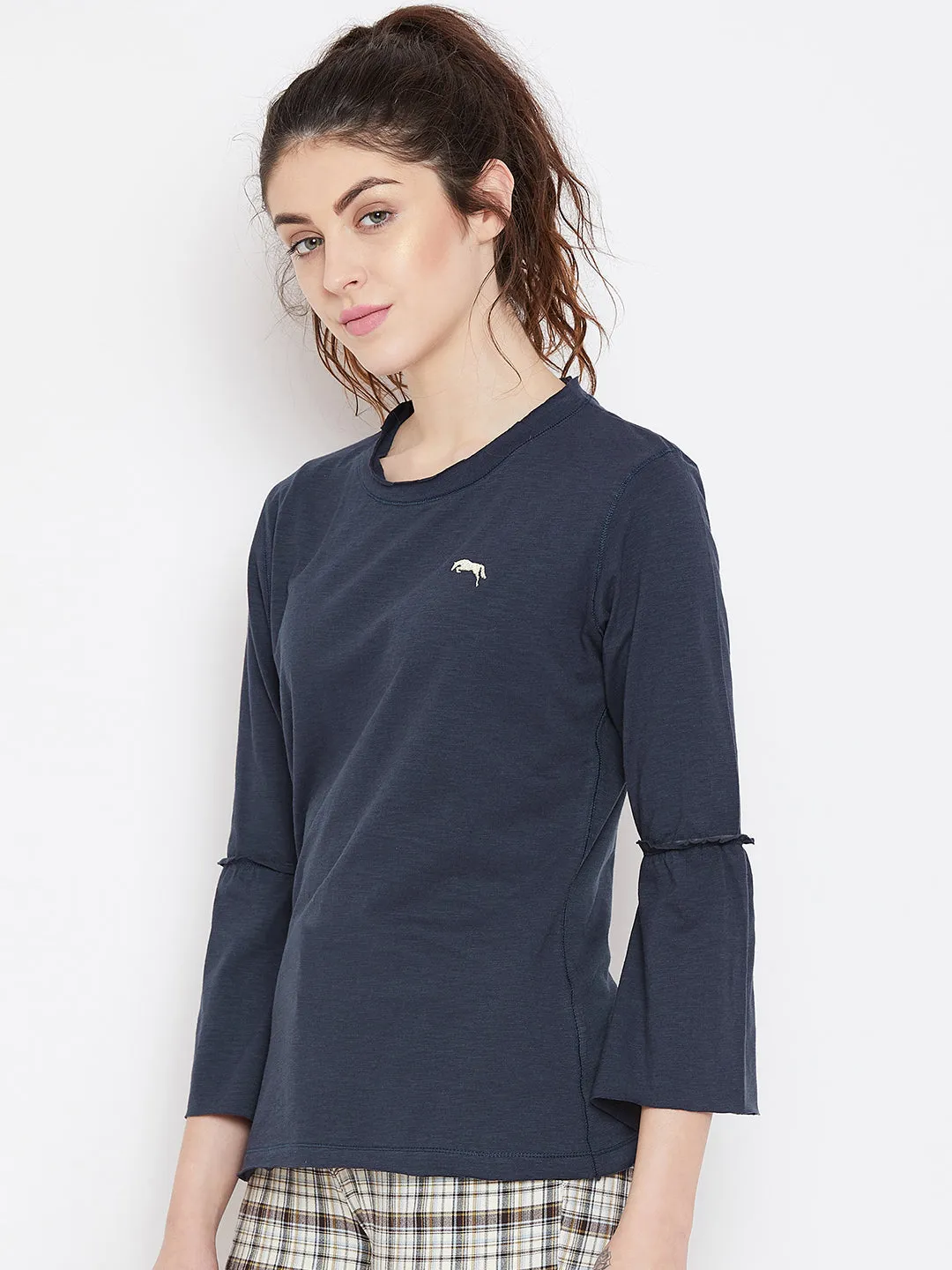 Women Navy Blue Solid Casual Tops