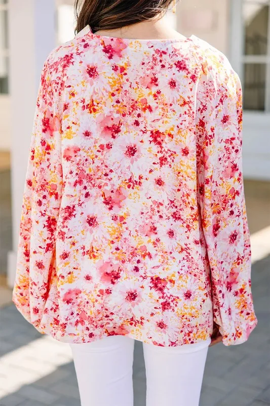 Women Pink Floral Bubble Sleeve V Neck Blouse