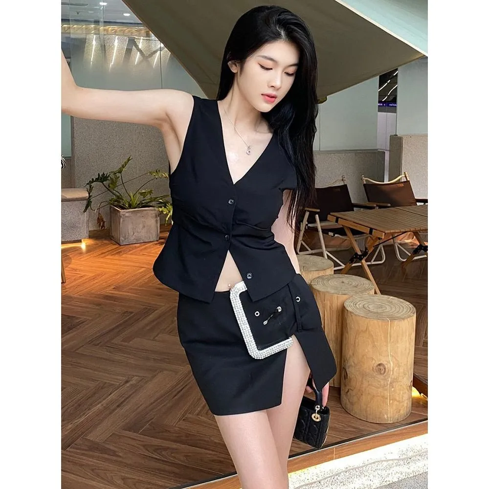 Women's Black Patchwork Diamond Big Buckle Skirt